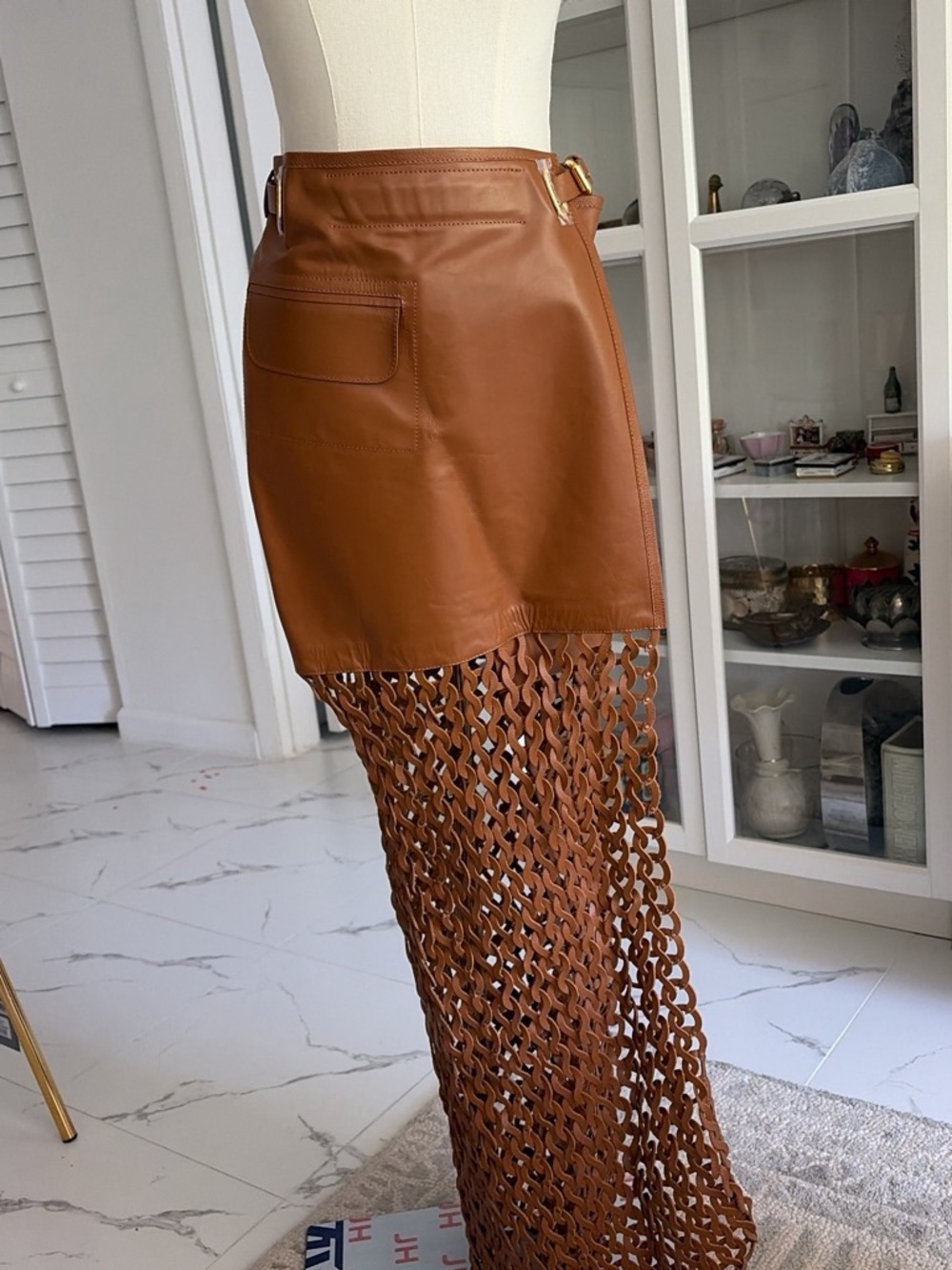NONchalant Cognac Leather High-Low Mini Skirt with Chain Fringe